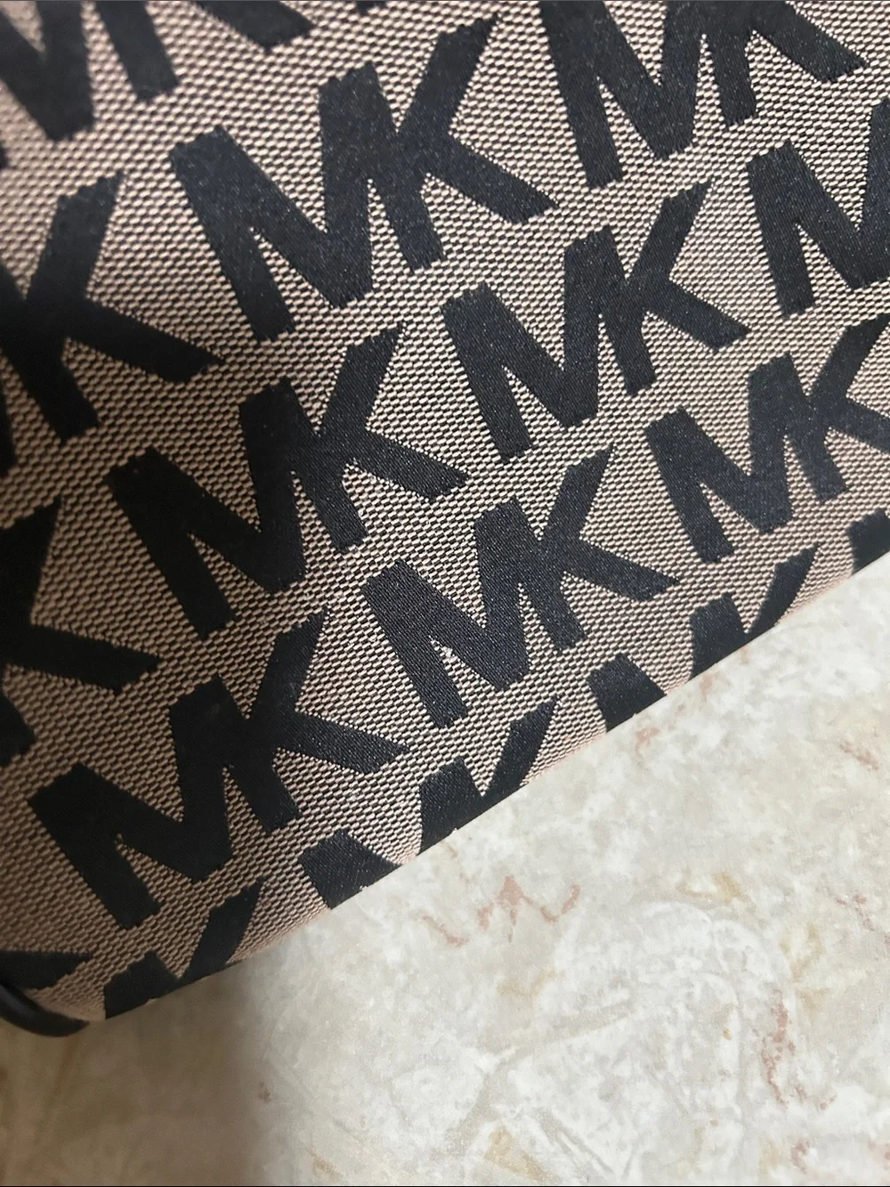 MICHAEL Michael Kors Taupe MK Logo Satchel with Black Handles and Gold Hardware